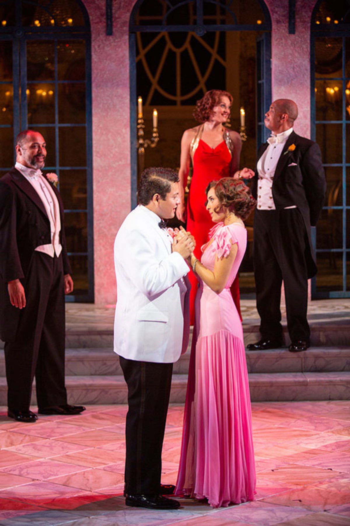 (foreground) Carlos Angel-Barajas as Claudio and Morgan Taylor as Hero with RenÃ© Thornton Jr. as Leonato, Sara Topham as Beatrice, and Michael Boatman as Don Pedro at 