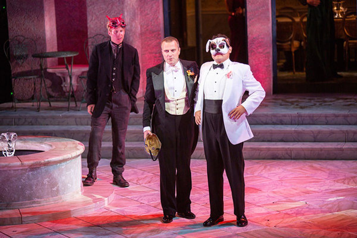 (from left) Eric Weiman as Borachio, Manoel Felciano as Don John, and Carlos Angel-Barajas as Claudio at 