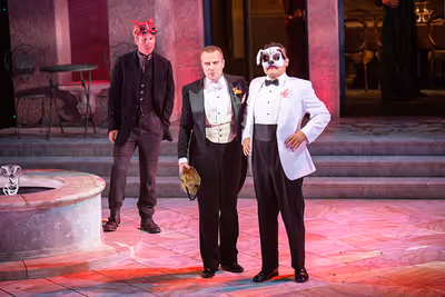 (from left) Eric Weiman as Borachio, Manoel Felciano as Don John, and Carlos Angel-Ba Photo