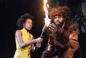 Antonia Elsona as Mowgli and Joseph Black as Baloo in The Jungle Book at Greenwich Th Photo