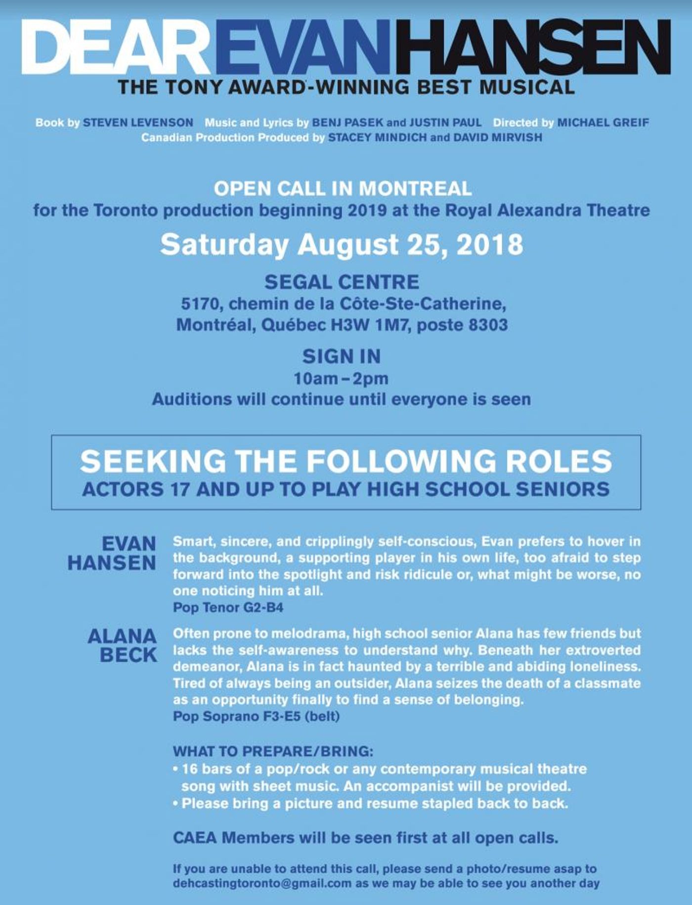 DEAR EVAN HANSEN Announces Montreal Open Call DEAR EVAN HANSEN Announces Montreal Open Call Image