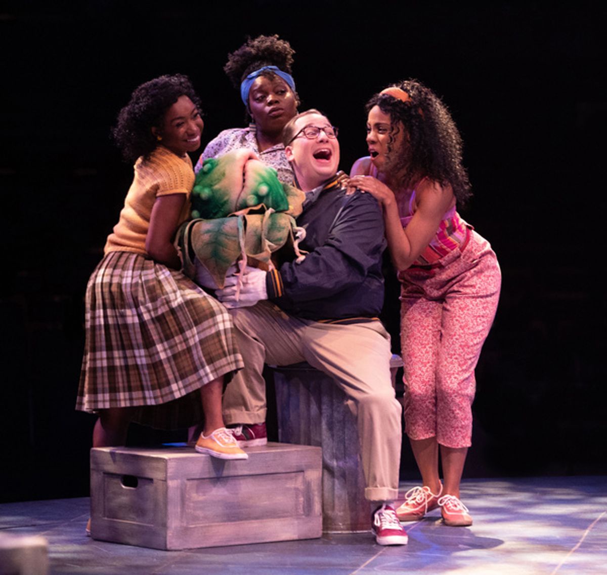 Destinee Rea as Chiffon, Zonya Love as Crystal, Jared Gertner as Seymour and Zuri Washington as Ronnette at 