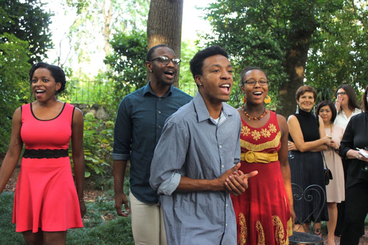 Jimmica Collins, Jared Brodie, David Wells (front), and Taryn Janelle Carmona perform a scene from Bob Marley's Three Little Birds opening January 30, 2019 at 