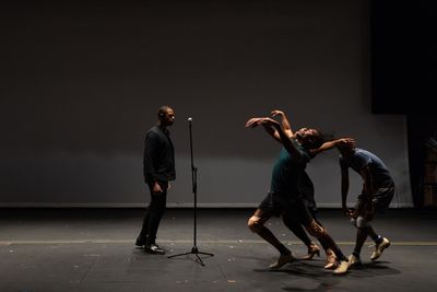 DavÃ³ne Tines, Jhardon Dishon Milton, Sumayya Ali, and Jamar Williams in rehearsal  Photo
