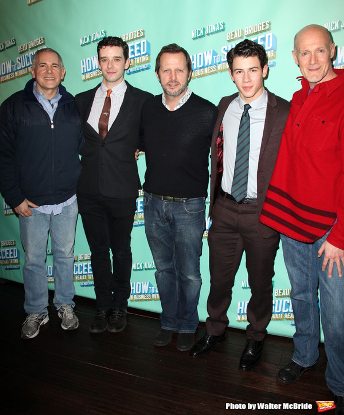 Craig Zadan, Michael Urie, Rob Ashford, Nick Jonas & Neil Meron.attending the after party celebrating Nick Jonas & Michael Urie joining Beau Bridges in 'How To Succeed in Business...' at the Glass House Tavern in New York City on 1/24/2012 at 