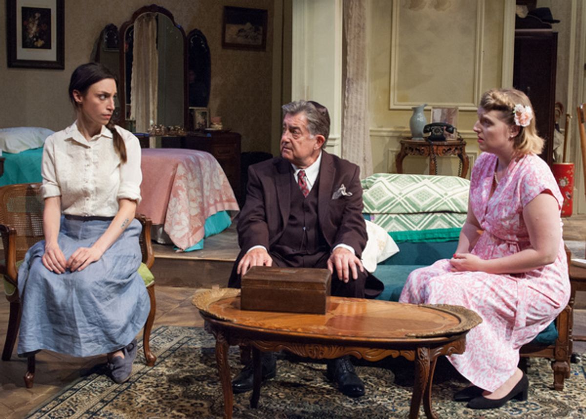 Lusia (Emily Berman, left) and her father Mordechai (Charles Stransky, center) share information about what happened to members of their family during World War II with Lusia's sister Rose (Bri Sudia, right).

 at 