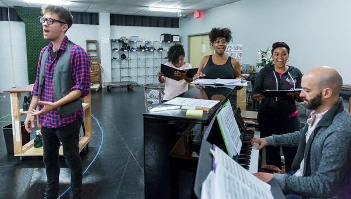 Will Lidke (Seymour), Melanie Brezill (Ronnette), Candace C. Edwards (Crystal), Melanie Loren (Chiffon), and Conductor Chris Sargent at 