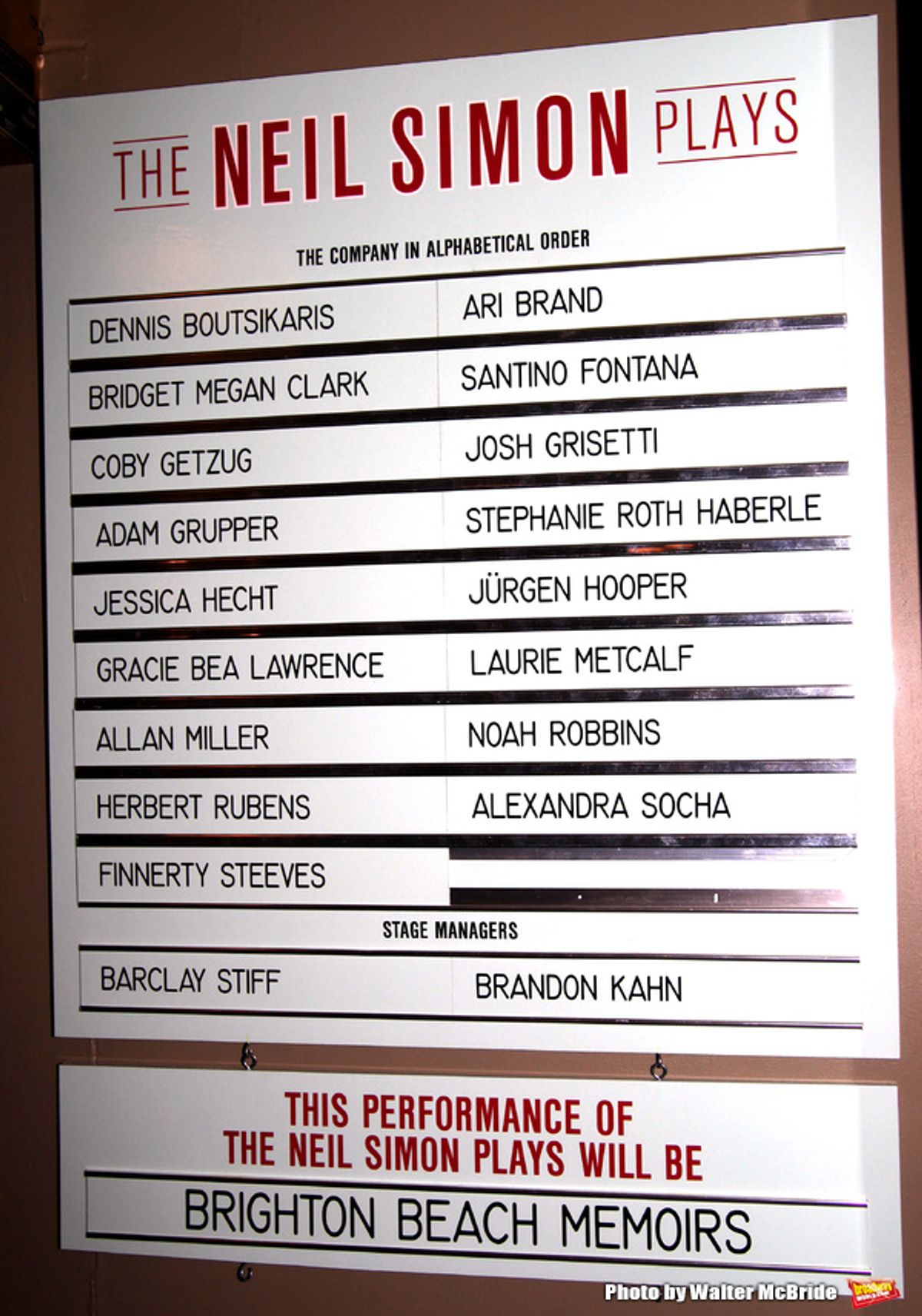 Cast Board for the Opening Night of Neil Simon's 'Bighton Beach Memoirs'  at the Nederlander Theatre in New York City.
October 25, 2009
 at 
