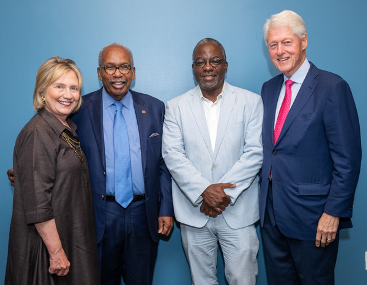 Secretary of State Hillary Rodham Clinton, Ernest Green (one of the Little Rock Nine), Harvey Butler (Producer), President William Clinton at 