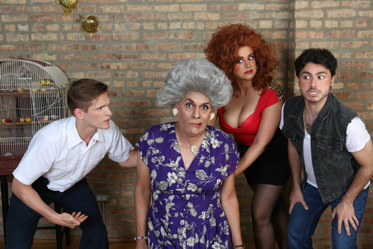 Officer Frankie Spinelli (Chazie Bly), Roxanne Nurdiger (Sydney Genco) and Zachary Slade (David Lipschutz) surround (front, center) a speechless Mother Nurdiger (David Cerda) in a publicity image for Hell in a Handbag Productionsâ€™ comedy THE ARTIFICIAL  at 