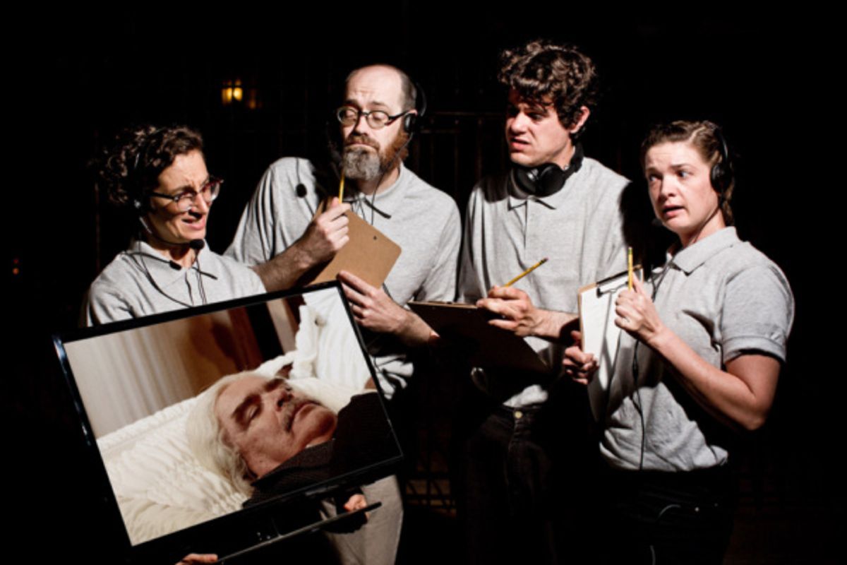 Brook Celeste, T-Roy Martin, Paul Brennan, Julia Williams  with Beau O'Reilly on TV screen at 