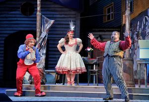 Amitai Pati as Beppe, Lianna Haroutounian as Nedda and Dimitri Platanias as Tonio in Leoncavallo's "Pagliacci."
@ BroadwayWorld Amitai Pati as Beppe, Lianna Haroutounian as Nedda and Dimitri Platanias as Tonio in Photo
