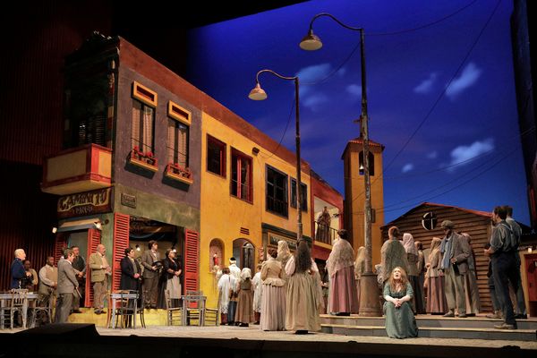 Ekaterina Semenchuk as Santuzza (seated at right) and the San Francisco Opera Chorus  Photo