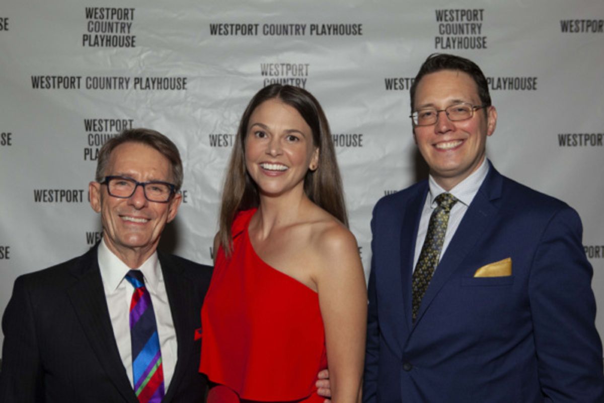 Mark Lamos, Westport Country Playhouse artistic director; Sutton Foster, and Michael Barker, Playhouse managing director at 