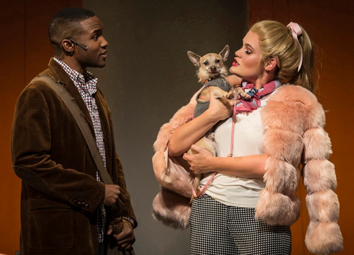 Gerald Caesar is Emmett Forrest and Casey Shuler plays Elle Woods in Legally Blonde, September 5-
October 21, 2018 at Paramount Theatre, 23 E. Galena Blvd. in Aurora. Frankie, a rescue dog, plays Elleâ€™s trusty sidekick Bruiser. Trent Stork directs. Tick at 