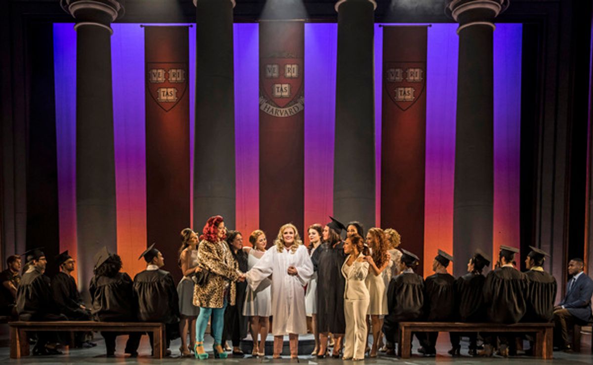 Casey Shuler (center) plays Harvard Law valedictorian Elle Woods in Legally Blonde, running September 5-October 21, 2018 at Paramount Theatre, 23 E. Galena Blvd. in Aurora. Trent Stork directs. Tickets: ParamountAurora.com or (630) 896-6666. Credit: Liz L at 
