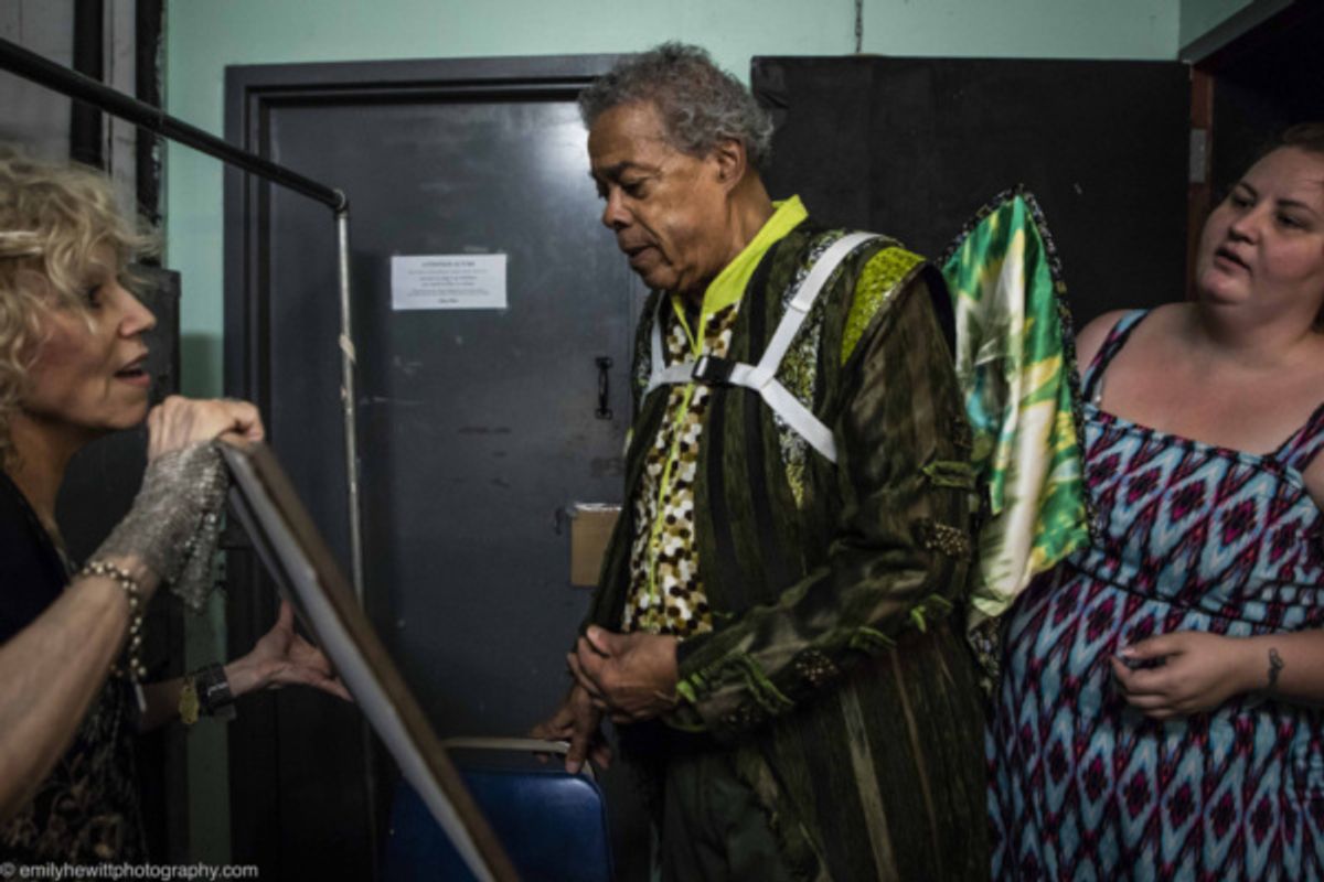 Playwright/designer Carrie Robbins and designer Jen Hebner show actor Charles Turner how he became a dragon in 'The Dragon Griswynd' at Theater for the New City and Artistic Director Crystal Fields' D at 