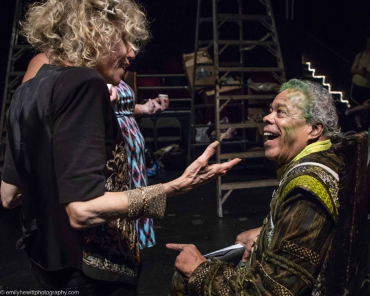 Playwright Carrie Robbins and actor Charles Turner enjoy a light moment at tech rehearsal of 'The Dragon Griswynd' at Theater for the New City and Artistic Director Crystal Fields' Dream Up Festival.  at 