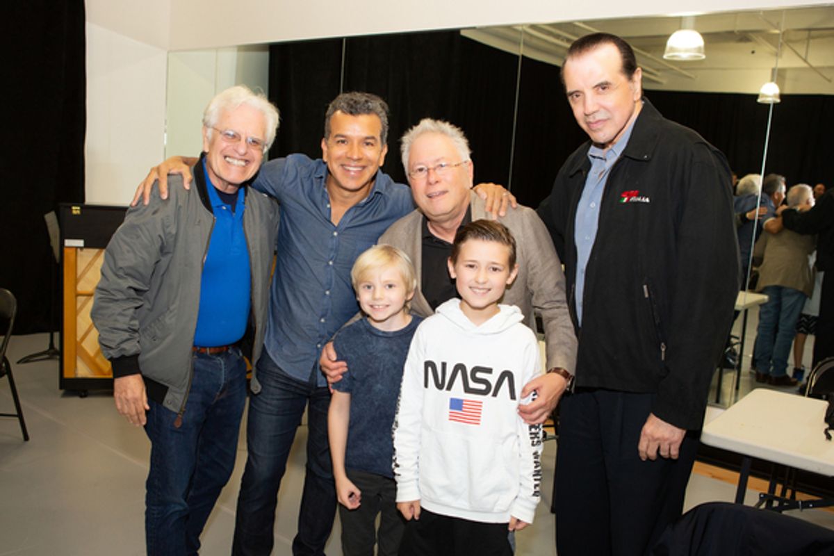 Jerry  Zaks (Director), Sergio Trujillo  (Choreography), Alan  Menken (Music)  and  Chazz  Paminteri  (Book)  with  Shane  Pry  (Young  Calogero  Alternate)  and  Frankie  Leoni  (Young  Calogero)  at 