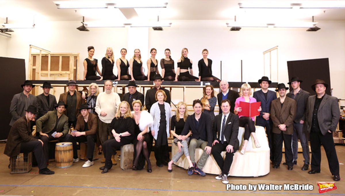 Producer Julian Schlossberg, Director Susan Stroman, Vincent Pastore, Marin Mazzie, Nick Cordero, producer Letty Aronson, Betsy Wolfe, Zach Braff, Karen Ziemba, Brooks Ashmanskas, Lenny Wolpe and Helene Yorke with the ensemble cast performing during the s at 
