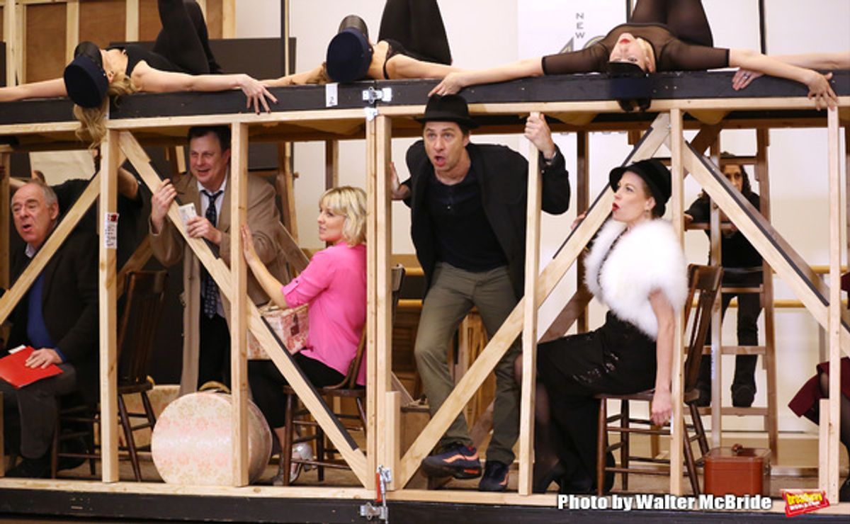 Lenny Wolpe, Brooks Ashmanskas, Helene Yorke, Zach Braff, Marin Mazzie  and cast performing during the sneak peek rehearsal performance of 'Bullets Over Broadway'  on February 13, 2014 at the New 42nd Street Studios in New York City. at 