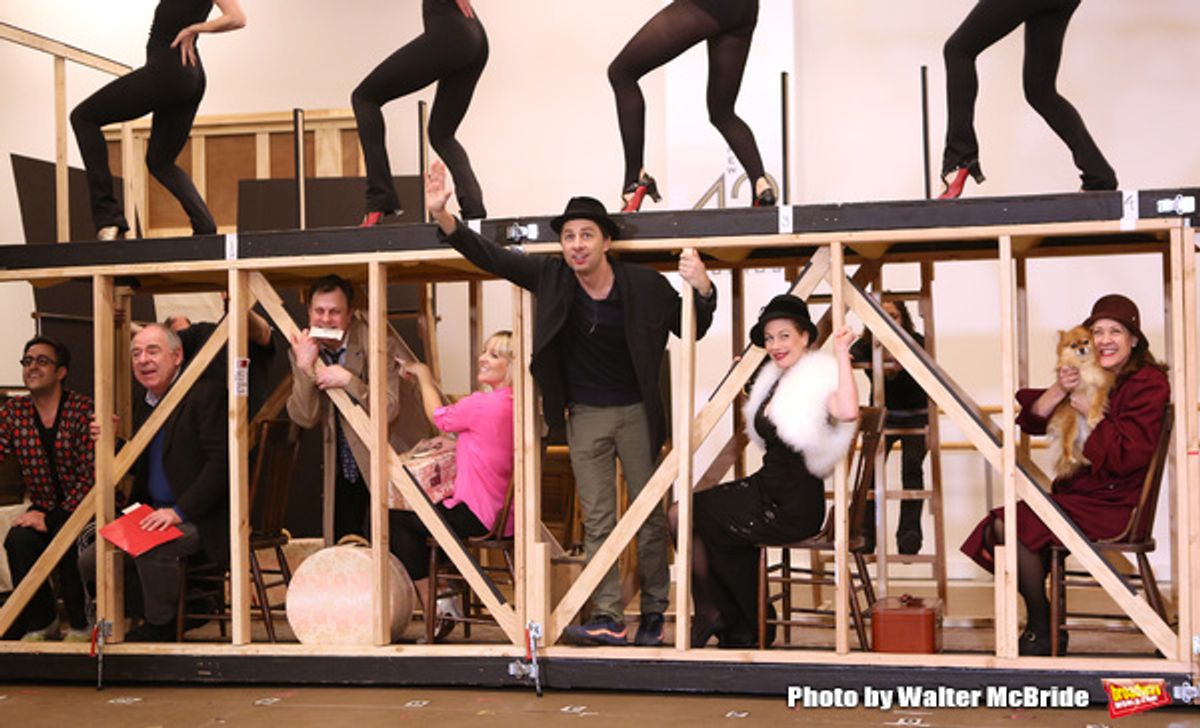 Lenny Wolpe, Brooks Ashmanskas, Helene Yorke, Zach Braff, Marin Mazzie , Karen Ziemba and cast performing during the sneak peek rehearsal performance of 'Bullets Over Broadway'  on February 13, 2014 at the New 42nd Street Studios in New York City. at 