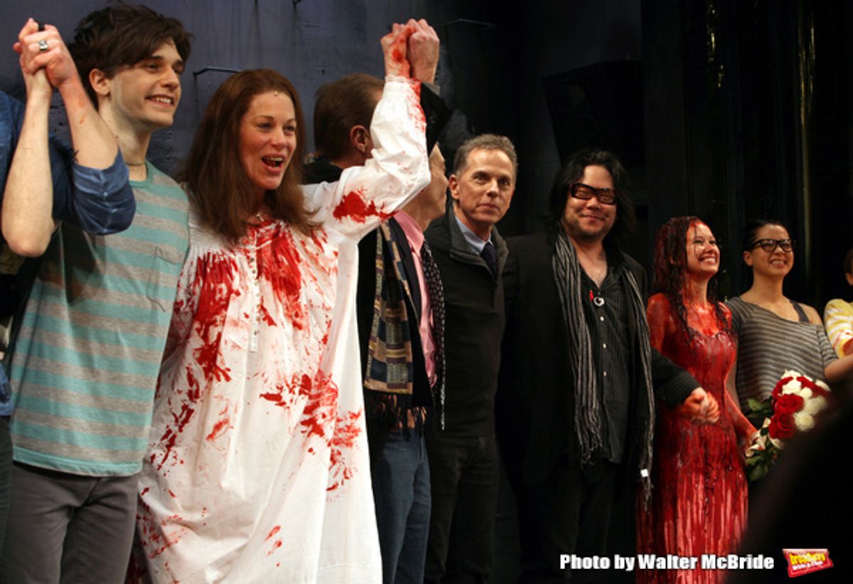 Andy Mientus, Marin Mazzie, Dean Pitchford, Stafford Arima,Molly Ranson & Jen Sese.during the Opening Night Curtain Call for the MCC Theater's Production of 'CARRIE' at The Lucille Lortel Theatre on March 1, 2012 in New York City. at 