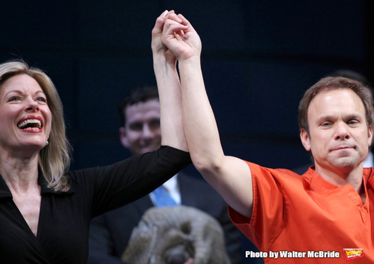 Marin Mazzie & Norbert Leo Butz taking a bow during the Opening Night Broadway Performance Curtain Call for ENRON at the Broadhurst Theatre , New York City.
April 27, 2010 at 
