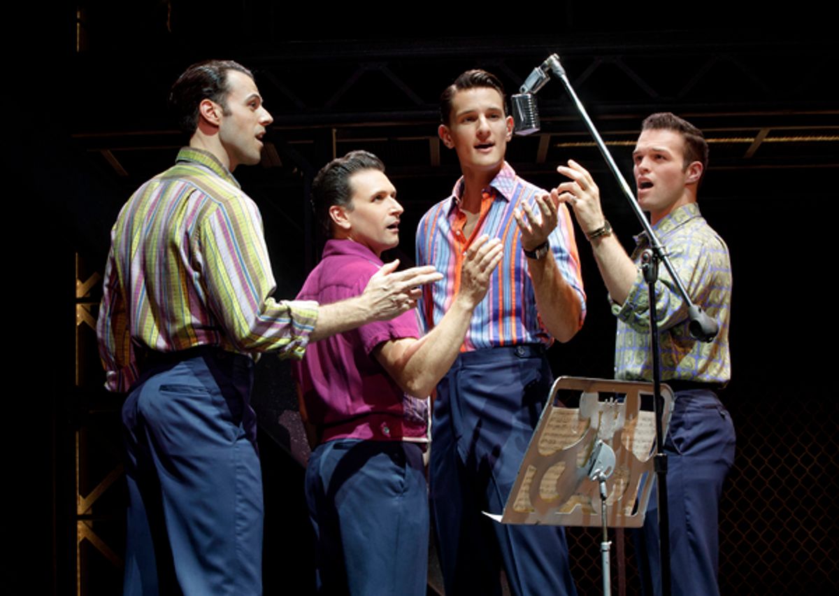 Mark Edwards as â€"Nick Massi,â€ Aaron De Jesus as â€"Frankie Valli,â€ Cory Jeacoma as â€"Bob Gaudioâ€ and Sam Wolf as â€"Tommy DeVitoâ€ at 