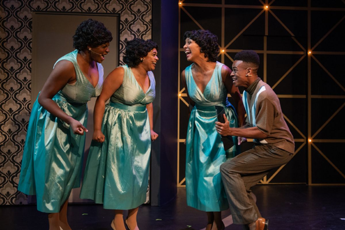 Effie White (TANIKA BAPTISTE), Lorrell Robinson (LOREIGNA SINCLAIR), Deena Jones (MARISSA RUDD), and C.C. White (KRIS ANTHONY WILLIAMS) perform together in Berkeley Playhouse's production of Dreamgirls at 