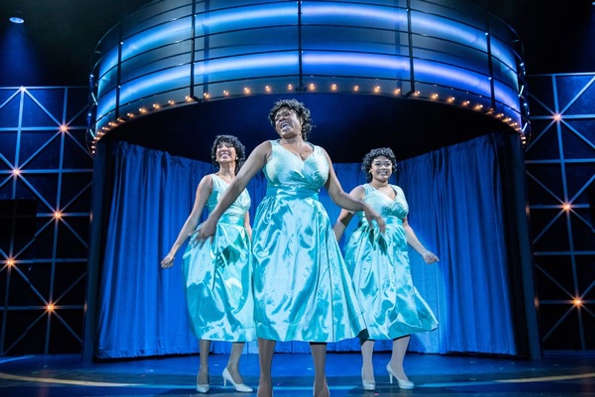 Deena Jones (MARISSA RUDD), Effie White (TANIKA BAPTISTE), and Lorrell Robinson (LOREIGNA SINCLAIR) perform together in Berkeley Playhouse's production of Dreamgirls at 