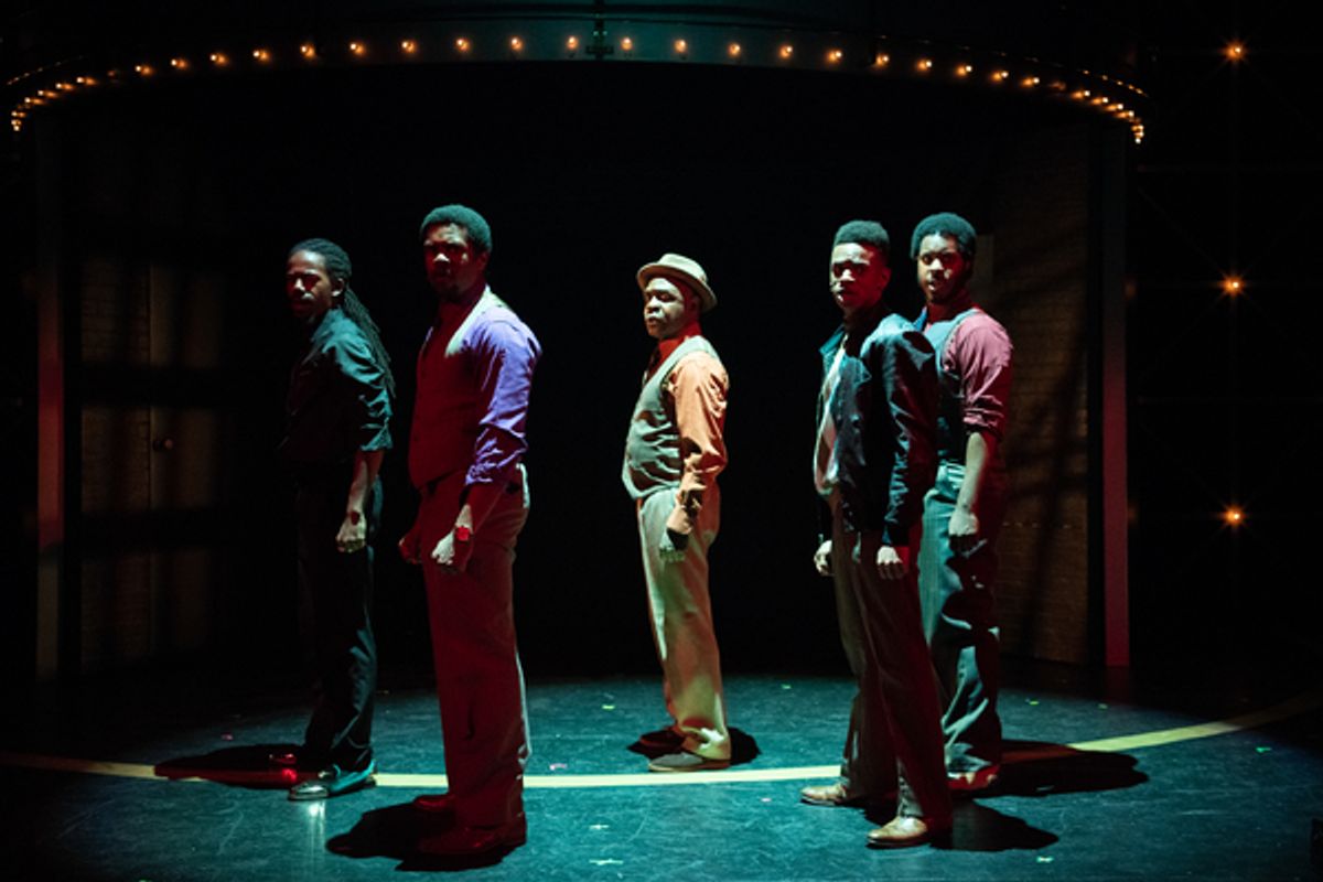  James â€"Thunderâ€ Early (MARCEL SAUNDERS), Curtis Taylor Jr. (STEPHEN WILSON), Marty (SHAWNJ WEST), C.C. White (KRIS ANTHONY WILLIAMS) and Wayne / MC / Tuxedo (THE T) perform together in Berkeley Playhouse's production of Dreamgirls at 