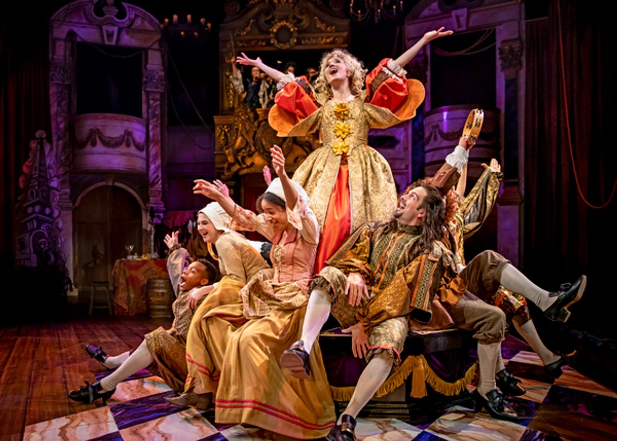 Nell Gwynn (Scarlett Strallen) soars in a musical number with the company in Chicago Shakespeareâ€™s North American premiere production of Nell Gwynn at 