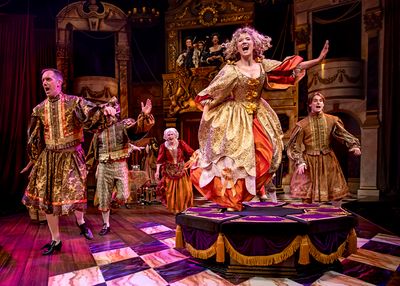 The company performs an exuberant song and dance number in Chicago Shakespeareâ€® Photo