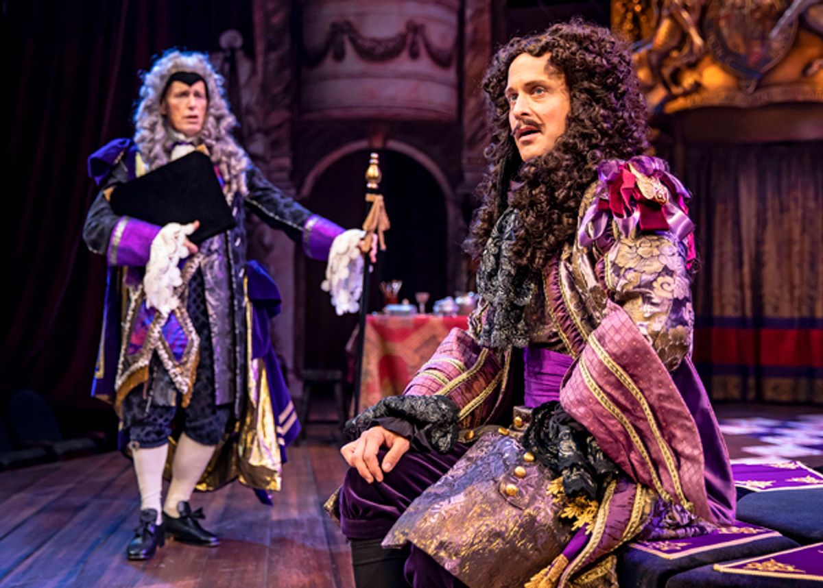 King Charles II (Timothy Edward Kane) rebuffs his advisor Lord Arlington (Larry Yando) in Chicago Shakespeareâ€™s North American premiere production of Nell Gwynn at 