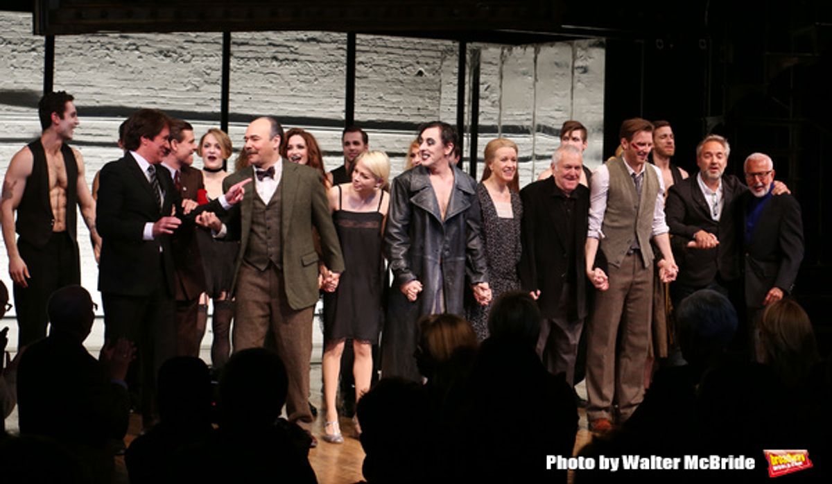 Rob Marshell, Aaron Krohn, Danny Burstein, Michelle Williams, , Alan Cumming, Linda Emond, John Kander, Bill Heck, Gayle Rankin, Sam Mendes and Joe Masteroff during the Broadway Opening Night Performance Curtain Call for 'Cabaret' at Studio 54 on April 24 at 