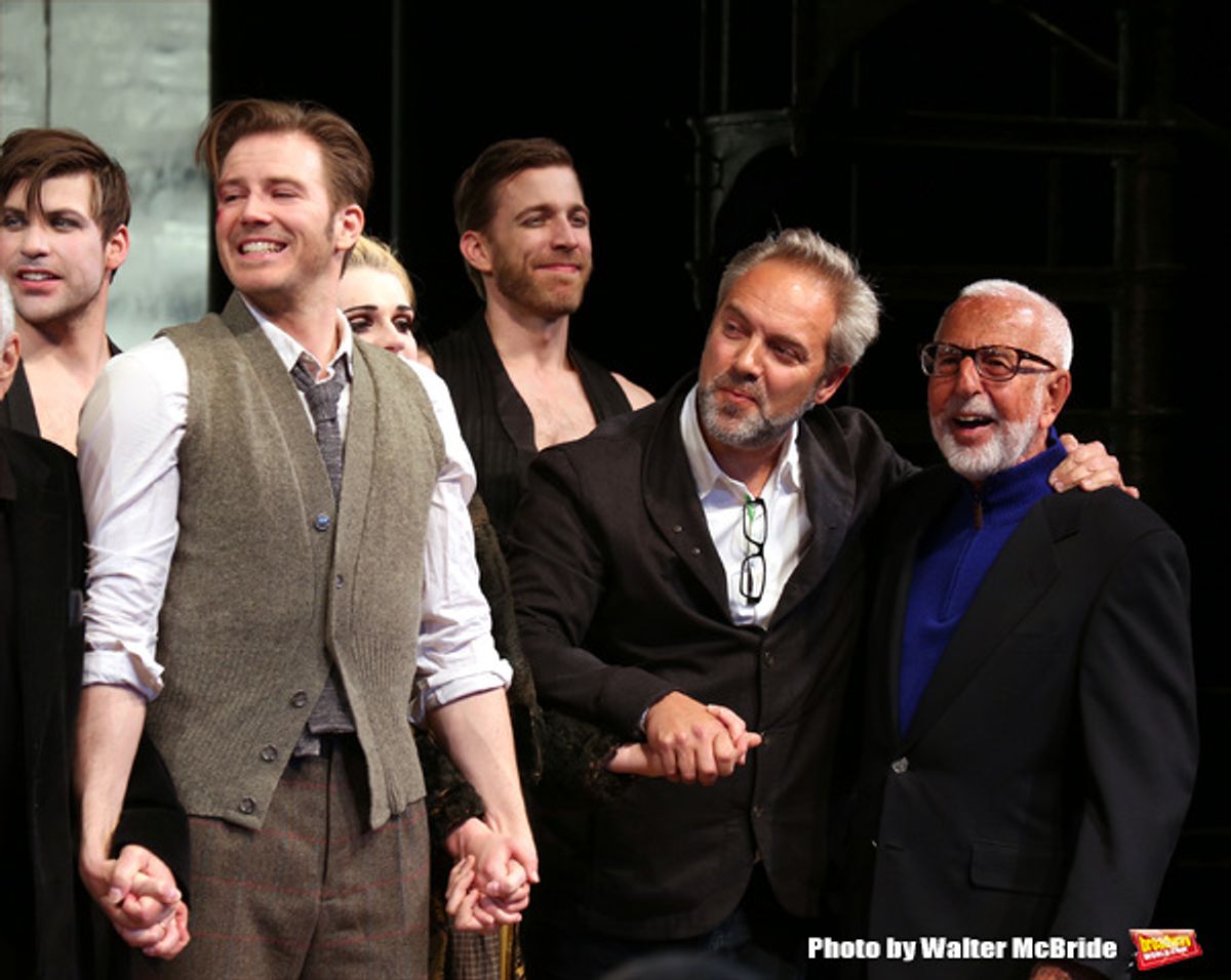 Bill Heck, Sam Mendes and Joe Masteroff during the Broadway Opening Night Performance Curtain Call for 'Cabaret' at Studio 54 on April 24, 2014 in New York City. at 