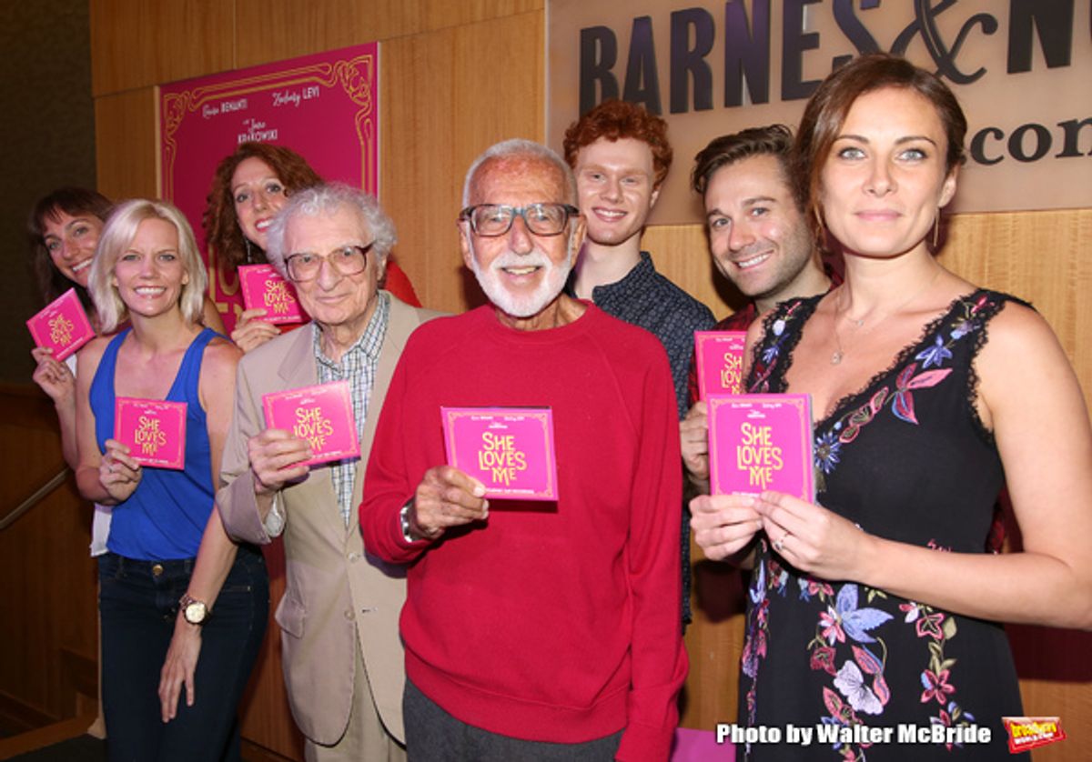 Laura Shoop, Jenifer Foote, Alison Cimmet, Sheldon Harnick, Joe Masteroff, Nicholas Barasch, Michael Fatica and Laura Benanti attends the CD release signing for the Broadway revival of 'She Loves Me' at Barnes and Noble 86th street on August 3, 2016 in Ne at 