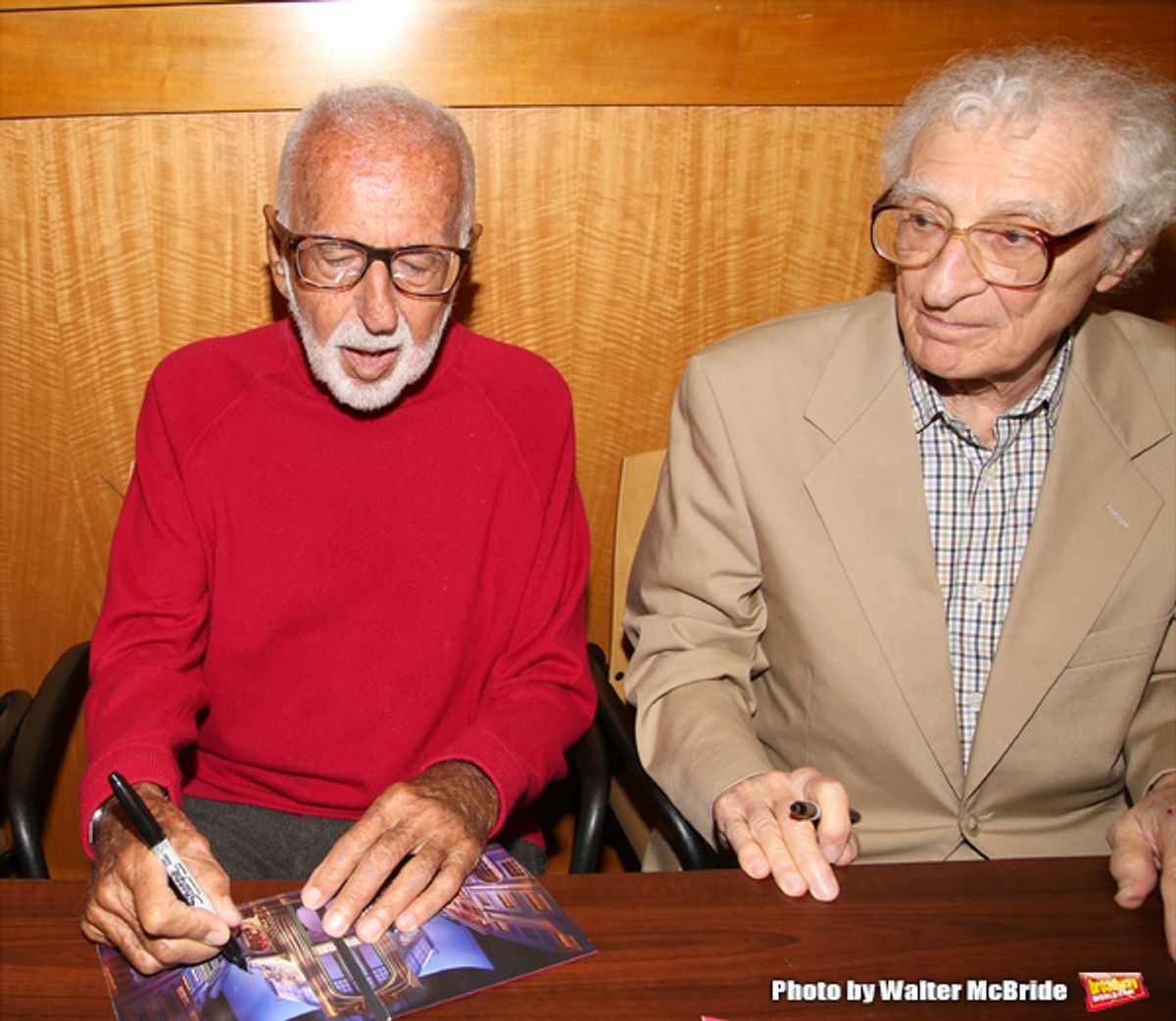 Joe Masteroff and Sheldon Harnick attends the CD release signing for the Broadway revival of 'She Loves Me' at Barnes and Noble 86th street on August 3, 2016 in New York City. at 