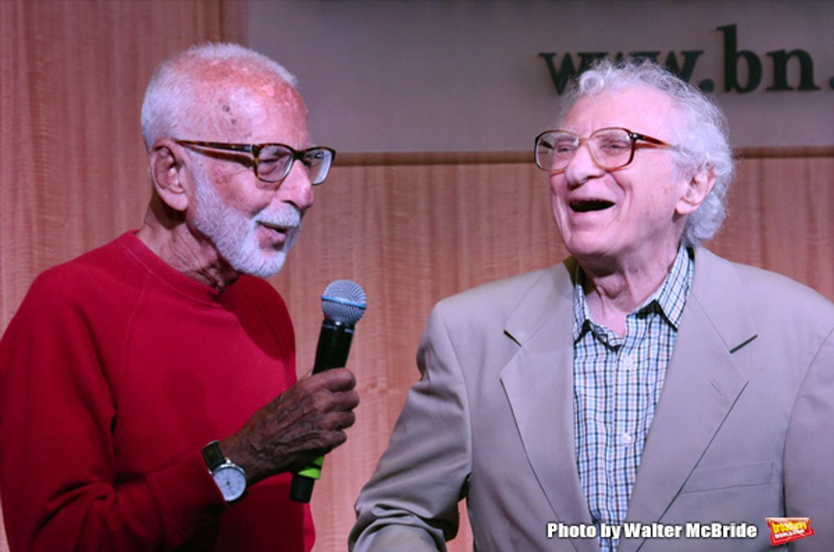 Joe Masteroff and Sheldon Harnick performs at the CD release signing for  the Broadway revival of 'She Loves Me' at Barnes and Noble 86th street on August 3, 2016 in New York City. at 