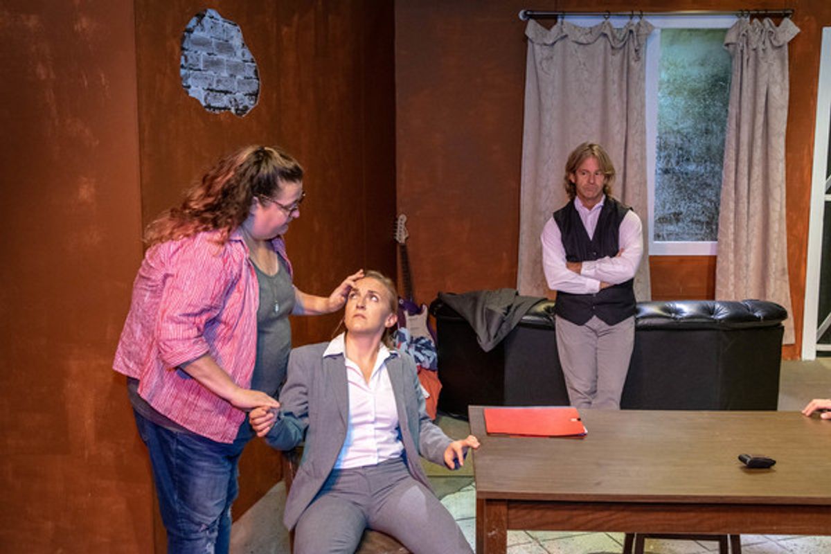 Mary Sink as Bay, l-r, with Colleen Dunne as Petra, and Stephen Woosley as Joyce in MadLab Theatre's production of The Wave That Set The Fire by Ellen K. Graham at 