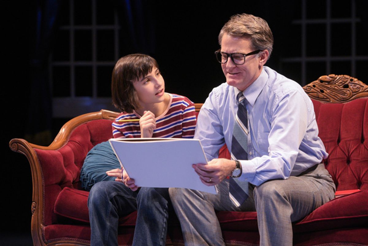 Small Alison (Lila Gold) receives advice on how to improve her school project from father Bruce (James Lloyd Reynolds) in â€"Fun Home,â€ at 