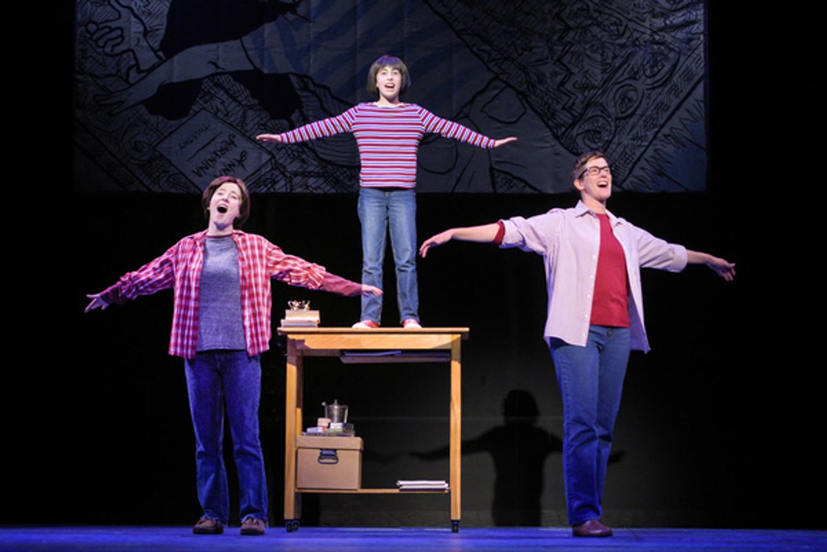  Medium Alison (Erin Kommor), Small Alison (Ruth Keith), and Alison (Moira Stone) remember playing airplane with their dad in â€"Fun Home,â€ at 