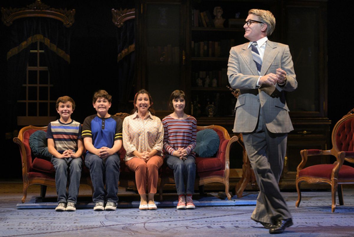 The Bechdel family (l to r: Billy Hutton, Jack Barrett, Crissy Guerrero, and Lila Gold) prepares to be perfect for father Bruce (James Lloyd Reynolds) as they welcome an important guest to their home in â€"Fun Home,â€ at 