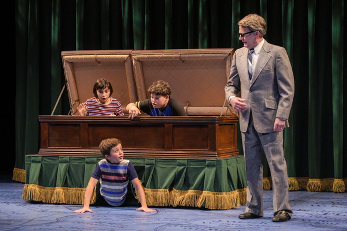 The Bechdel children (clockwise from left: Lila Gold, Jack Barrett, and Billy Hutton) play in the family-owned funeral home despite their father Bruceâ€™s (James Lloyd Reynolds) wishes in â€"Fun Home,â€ at 