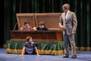 The Bechdel children (clockwise from left: Lila Gold, Jack Barrett, and Billy Hutton) play in the family-owned funeral home despite their father Bruce’s (James Lloyd Reynolds) wishes in â€"Fun Home,†@ BroadwayWorld The Bechdel children (clockwise from left: Lila Gold, Jack Barrett, and Billy Hutton) Photo