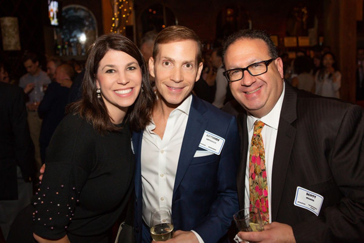 ATPAM member Amanda Kaus (party committee co-chair).  with Anthony LaTorella of the Nederlander Organization and  Scott Irgang of the Broadway League. at 