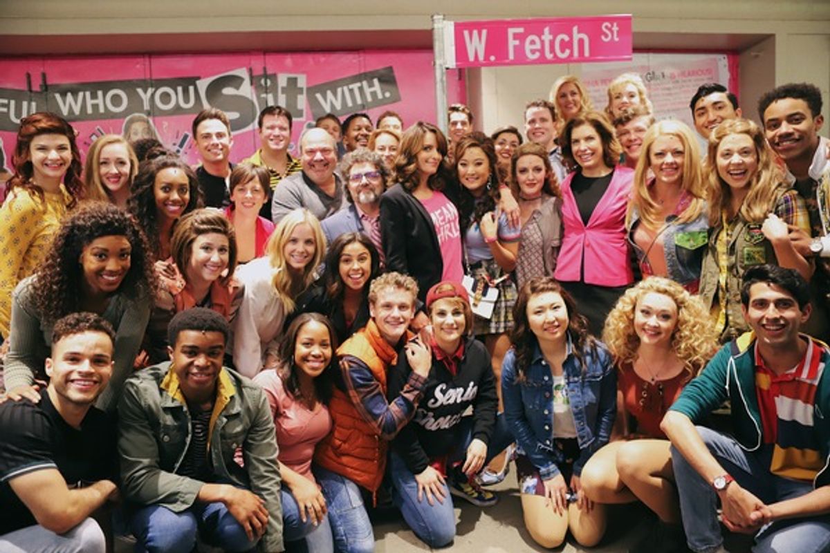 Tina Fey, Jeff Richmond, Nell Benjamin, Casey Nicholaw, Jonathan Bennett, Julie Menin, and the full cast of Mean Girls at 