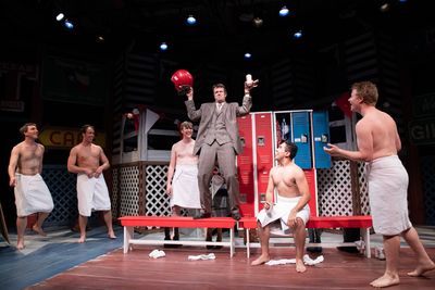 Michael Barrett Austin (center) as Senator Wingwoah with the Aggie football team. Pho Photo