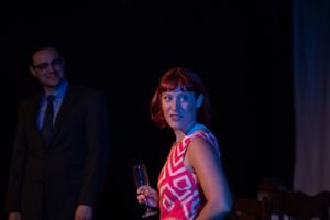 Tara Rose (Sarah Elizabeth Grace) reunites with Nick Genovese (Matt W. Cody) at Kemeny Academy in the present.
Photo Credit: Elizabeth Mealey
Implied Consent at the Access Theater, October 2018. @ BroadwayWorld Tara Rose (Sarah Elizabeth Grace) reunites with Nick Genovese (Matt W. Cody) at Kemen Photo